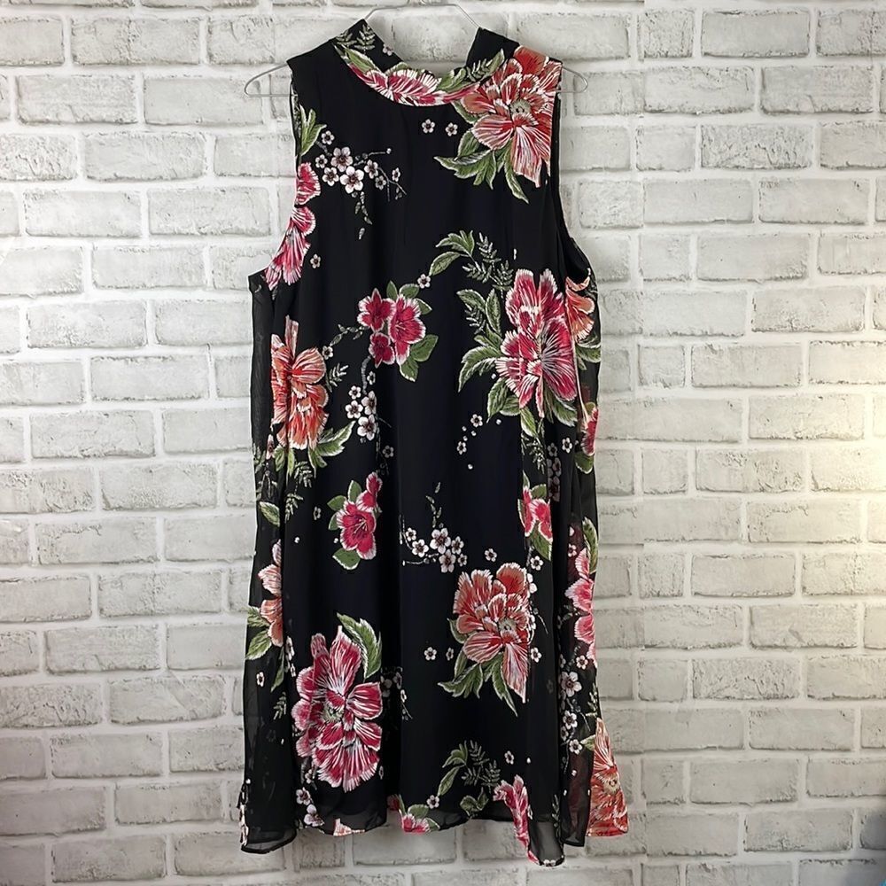 Robbie Bee Sleeveless Floral Dress Tie Back Mock Neck Overlay Size 14